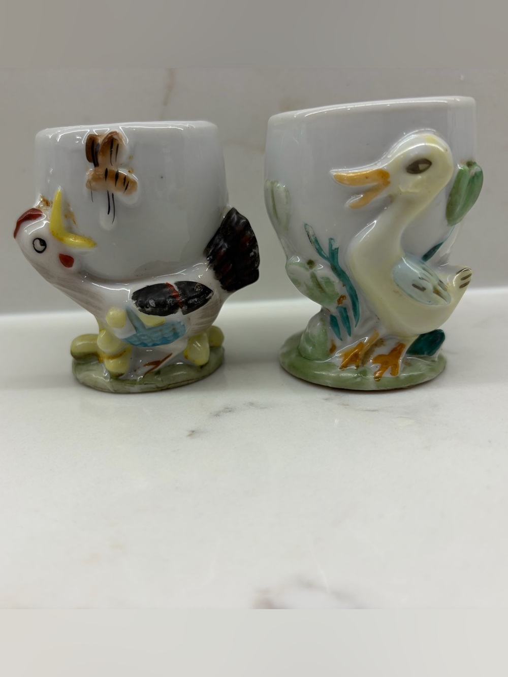 2 Vintage Made in Japan Anthropomorphic Chickens and Goose Ceramic Egg Cups